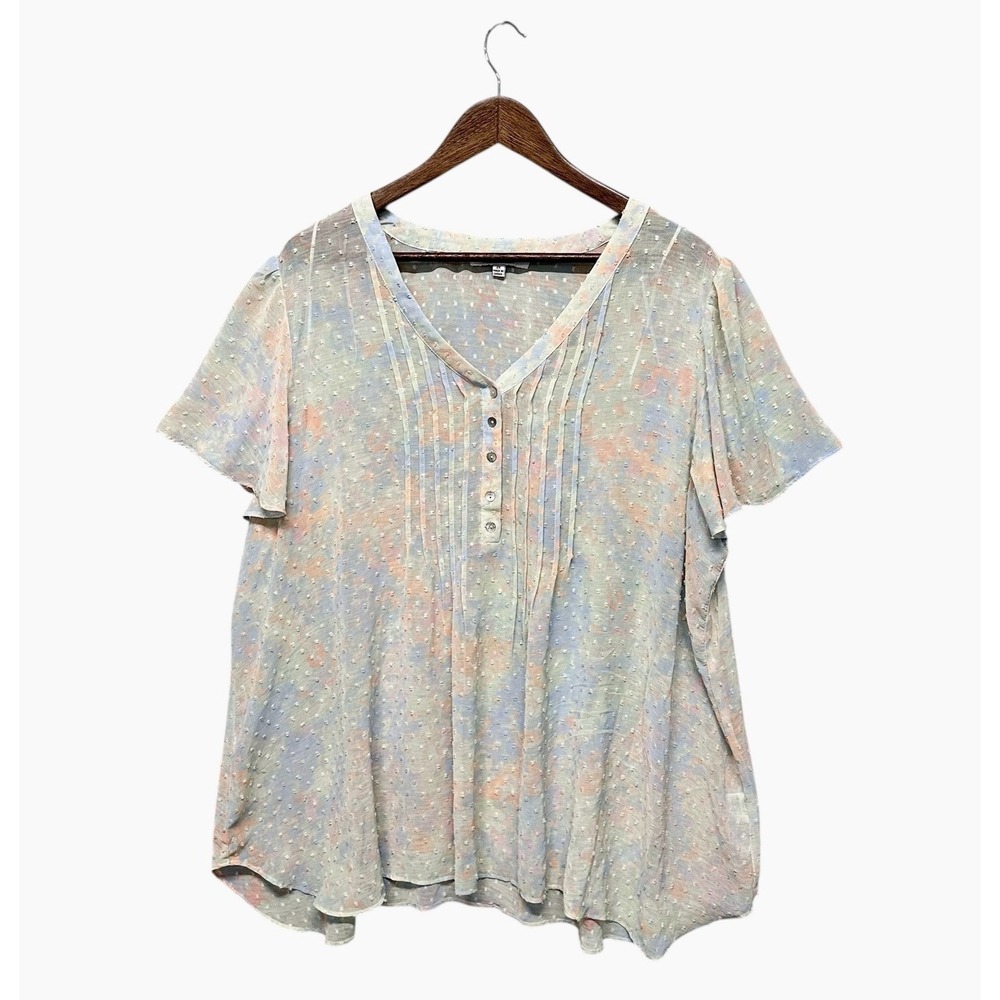 Rose + Olive Women's Pastel V-Neck Pleated Button Flutter Sleeve Blouse Size 2X